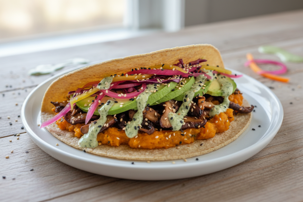 

Breakfast Taco
Spelt tortilla, kabocha squash, mash, wild mushrooms, avocado, garnished with green goddess, pickled vegetables &amp; sesame seeds&nbsp;