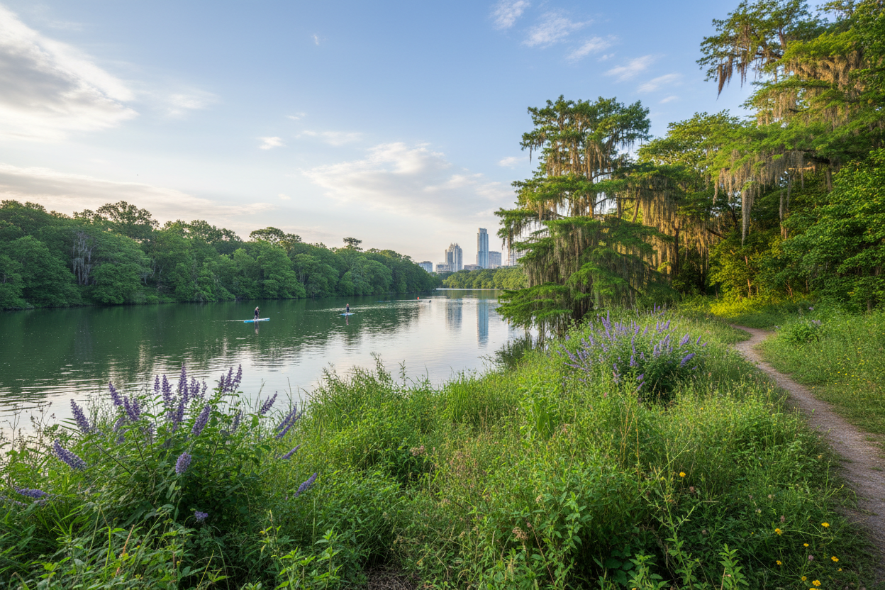 ladybird lake austin tx with green vegitation and river
