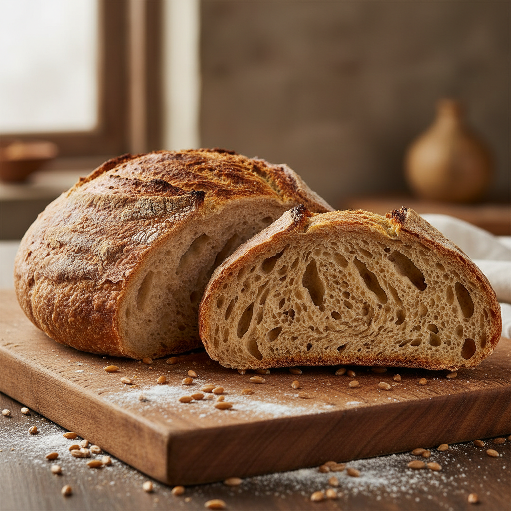 Organic Einkorn Sourdough Loaf
Ancient grain. Modern nourishment.

Our Organic Einkorn Sourdough is crafted from the oldest wheat on earth. Naturally low‑gluten, rich in minerals, and easier to digest than modern grains. Slow‑fermented for deep flavor and optimal nutrient absorption, this loaf delivers a clean, hearty, and satisfying experience with every slice.