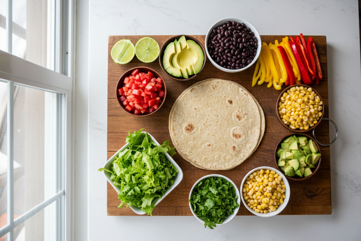 Organic GF Garbanzo Tortillas in cutting board getting ready to make some tacos (no meat products please)