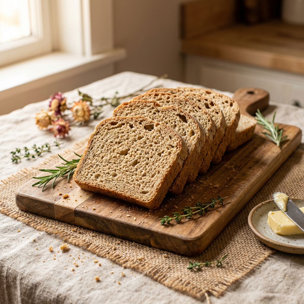 Sliced sourdough bread on a wooden cutting board with herbs and coconut butter on a rustic table.