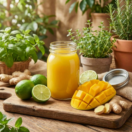 Mango sea moss gel in a jar with blended mango slices, limes, and ginger on a wooden board with plants in the background.